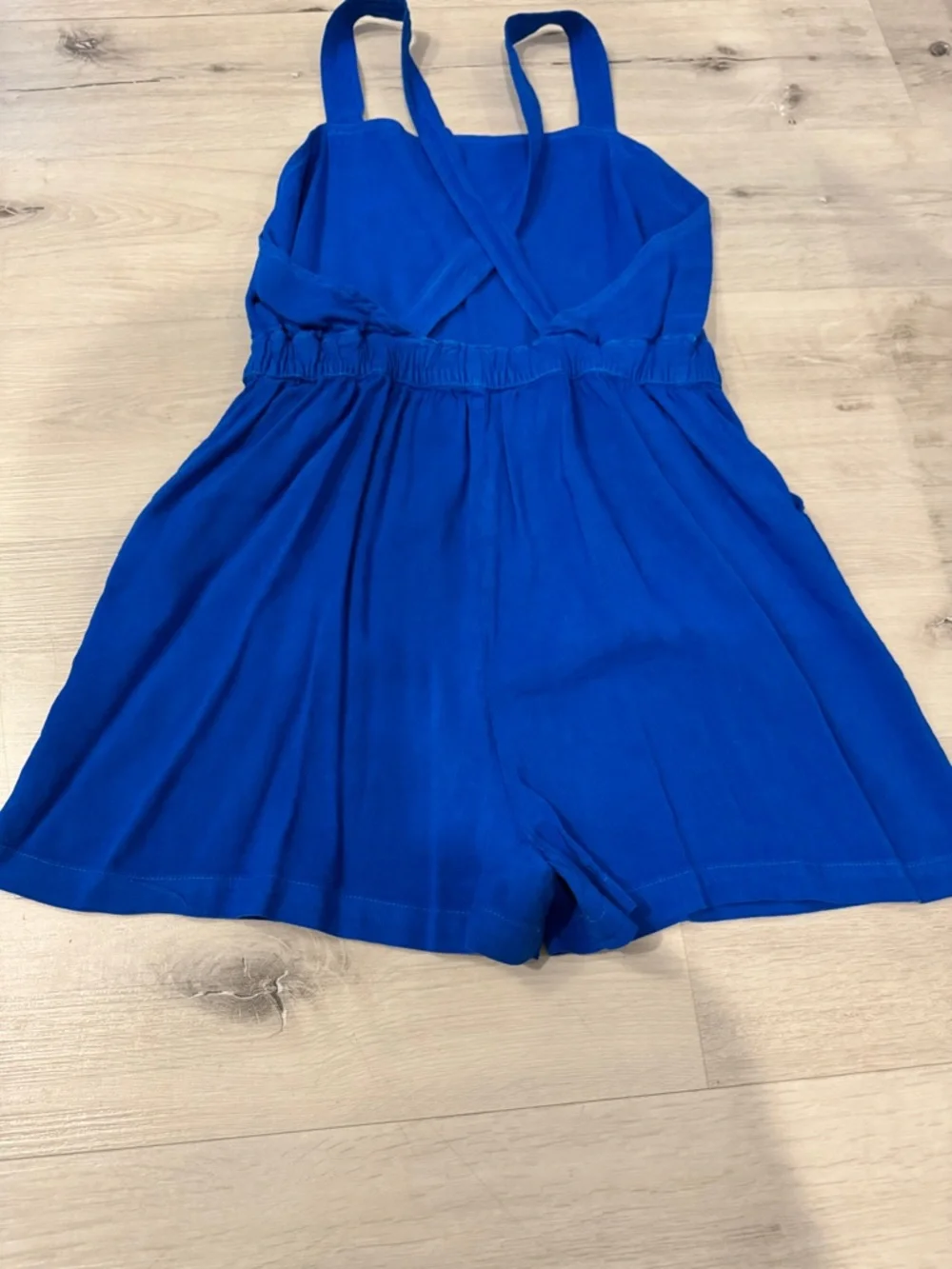 Zara Bright Blue Sleeveless Romper with open back in a Linen/Viscose blend.